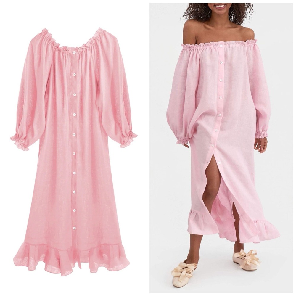 NWOT Sleeper 100% Linen Loungewear Maxi Dress XS/Small Pink Made In Ukraine $289